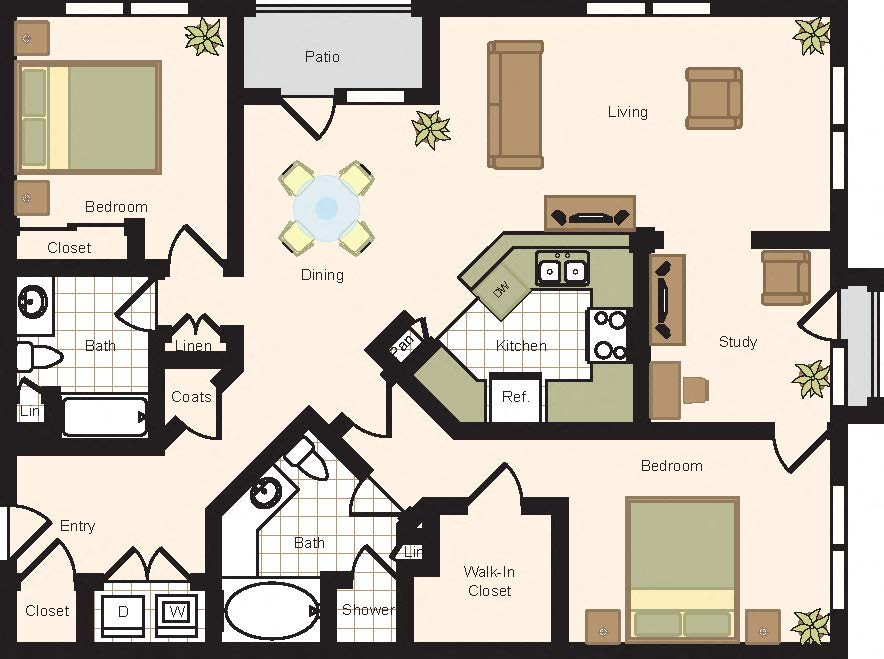 Floor plan for 2 beds, 2 baths, 1447 sqft